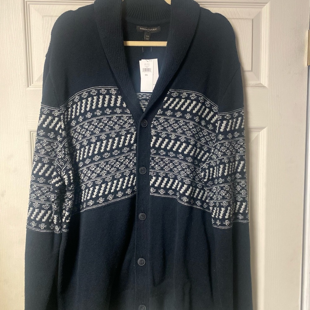 Banana Republic Men's Dark Blue Cardigan with White Pattern